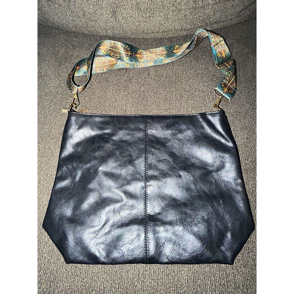 Black Faux Leather Shoulder Bag Zip Lined Multicolor Canvas Adjustable Strap